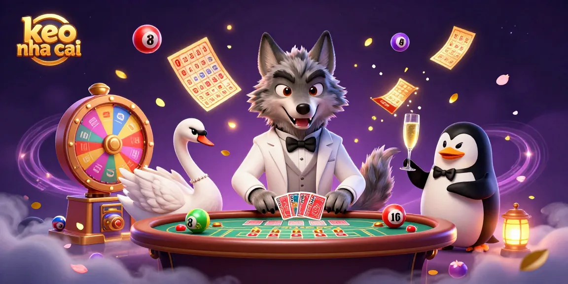 Engage with keo nha cai in vibrant casino scene featuring a debonair wolf and elegant swan.