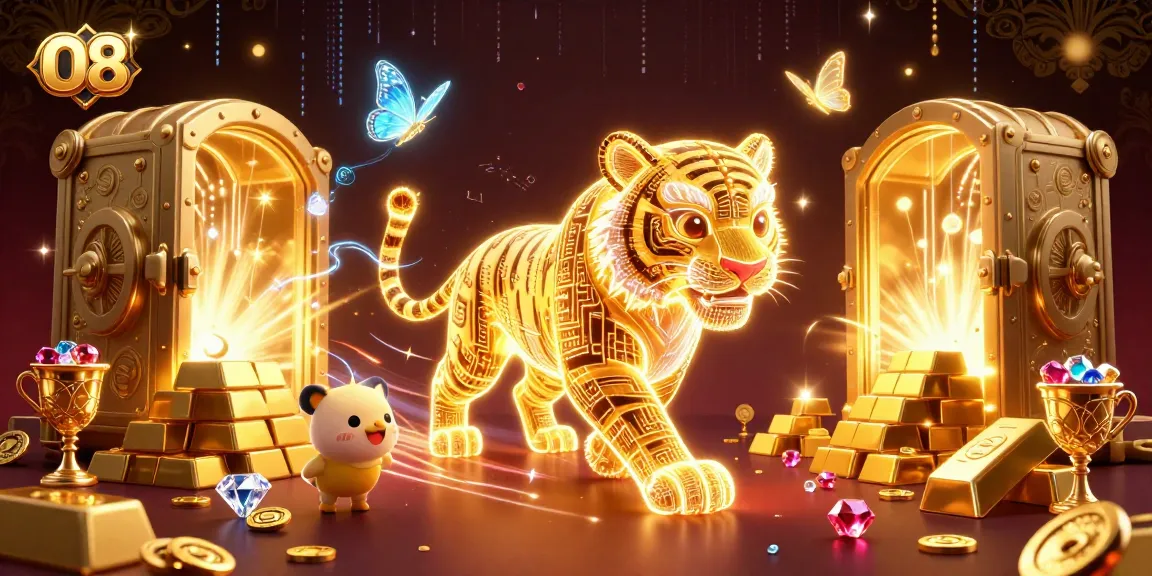 Experience vibrant O8 casino thrills with a majestic golden tiger in a dynamic 3D gambling scene.
