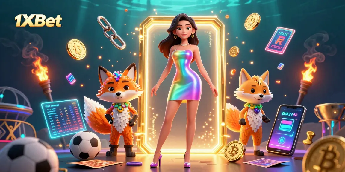 Experience 1xBet's thrilling sports betting with a vibrant 3D fantasy illustration packed with casino elements.