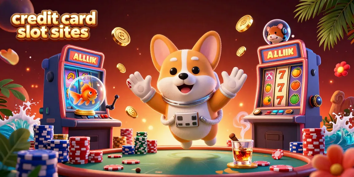 Engage in thrilling action at credit card slot sites, featuring playful corgi characters in a colorful casino scene.