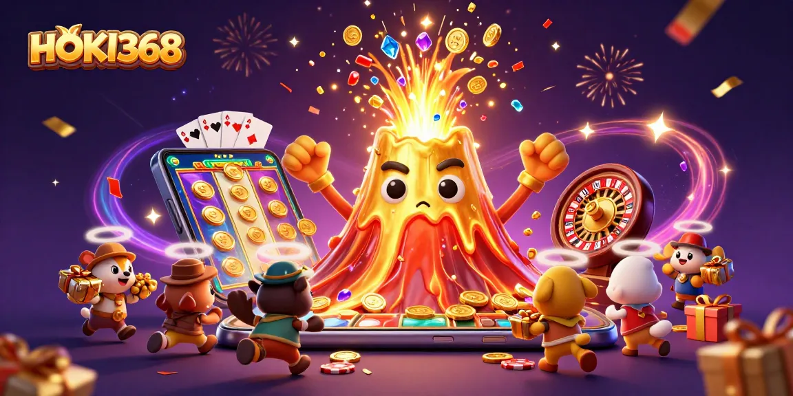 HOKI368 reveals the thrill of winning with explosive treasures from a golden volcano amidst vivid casino action.