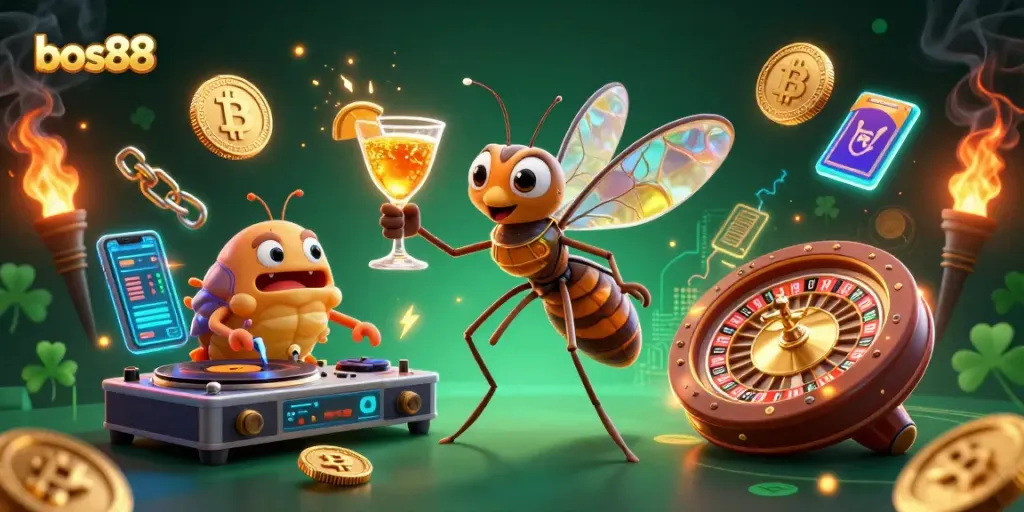 Engage with bos88's vibrant online gaming scene featuring a frozen mosquito mascot, trilobite DJ, and gold roulette wheel.