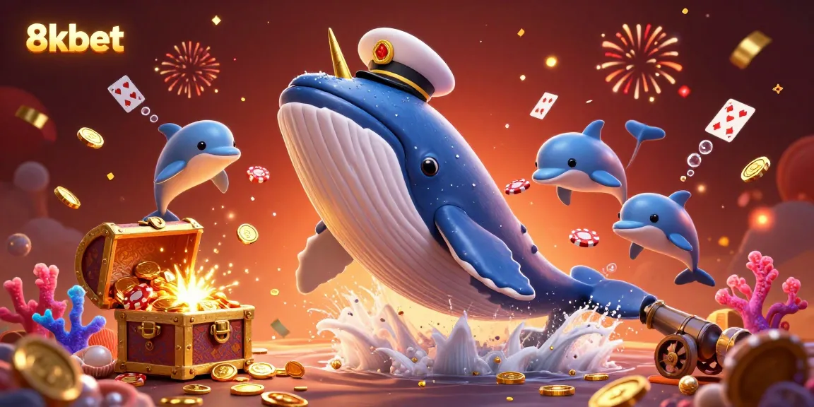 Experience the excitement of gambling at 8kbet with a vibrant 3D illustration featuring a whale and playful dolphins.