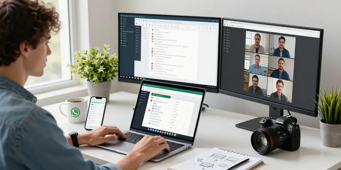 Professional workspace showcasing WhatsApp網頁版 on laptop with essential tech elements.