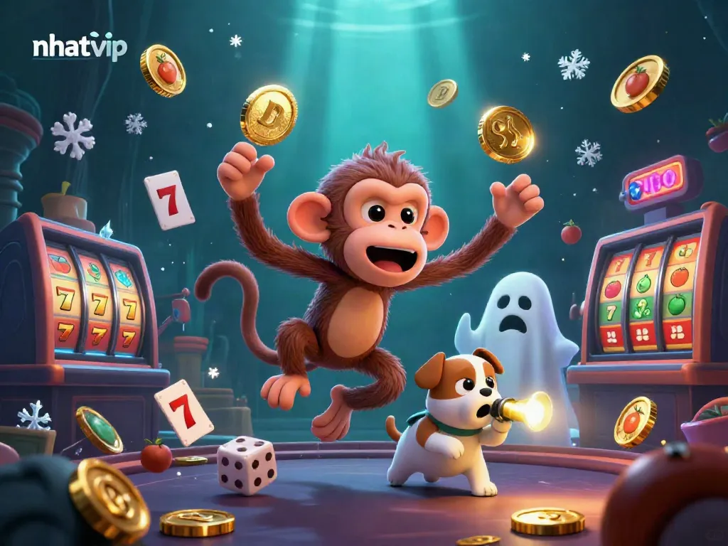 Nhatvip showcases an exciting casino scene with a playful ghost and a dog tracking it amid golden coins and slot symbols.