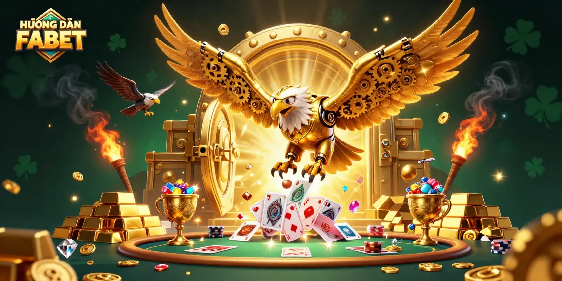 Immerse in HƯỚNG DẪN FABET with a cybernetic golden eagle flying through dynamic poker game elements.