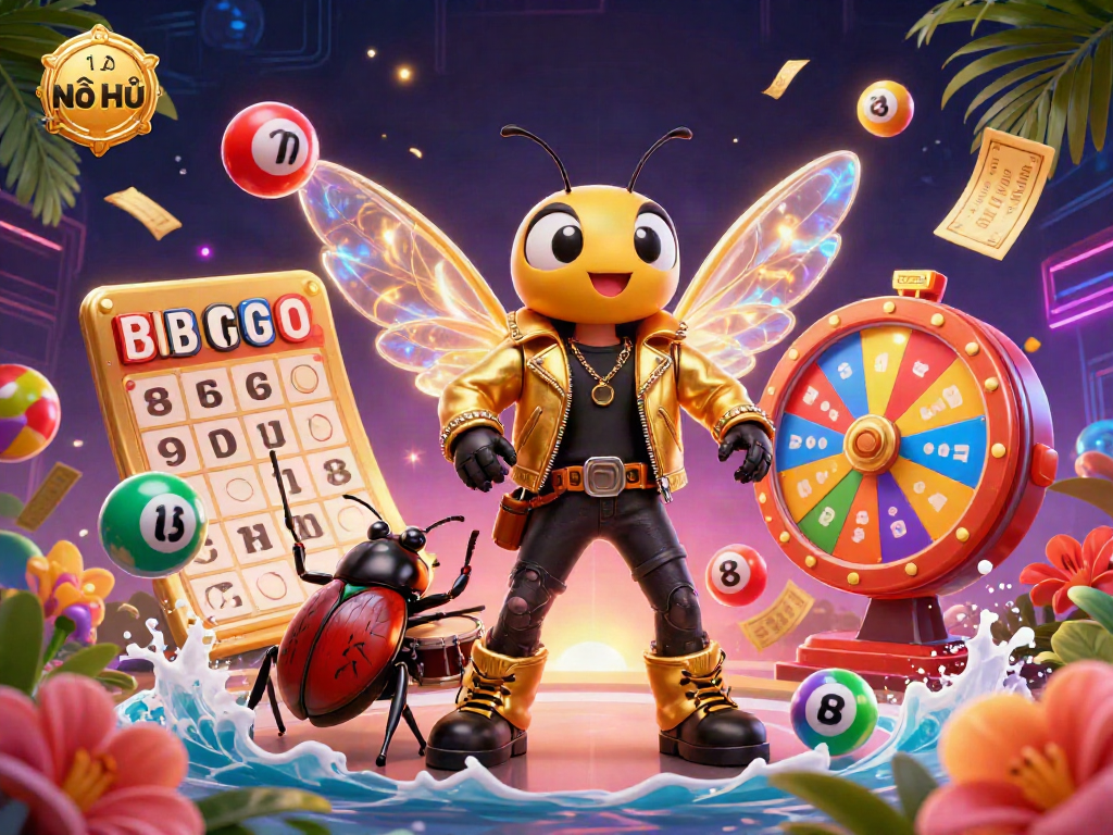 Nổ Hũ game scene with a rock star, drummer, and vibrant lottery elements for an exciting vibe.