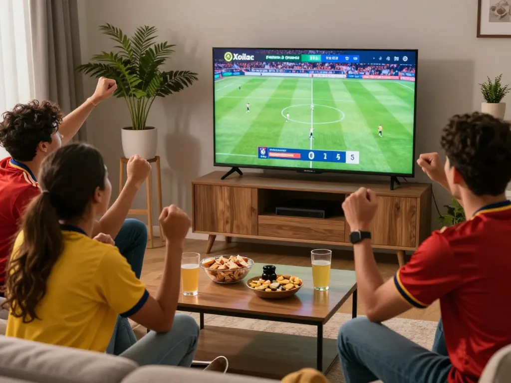 Xoilac live streaming football match scene with excited fans enjoying a game together in a cozy living room.