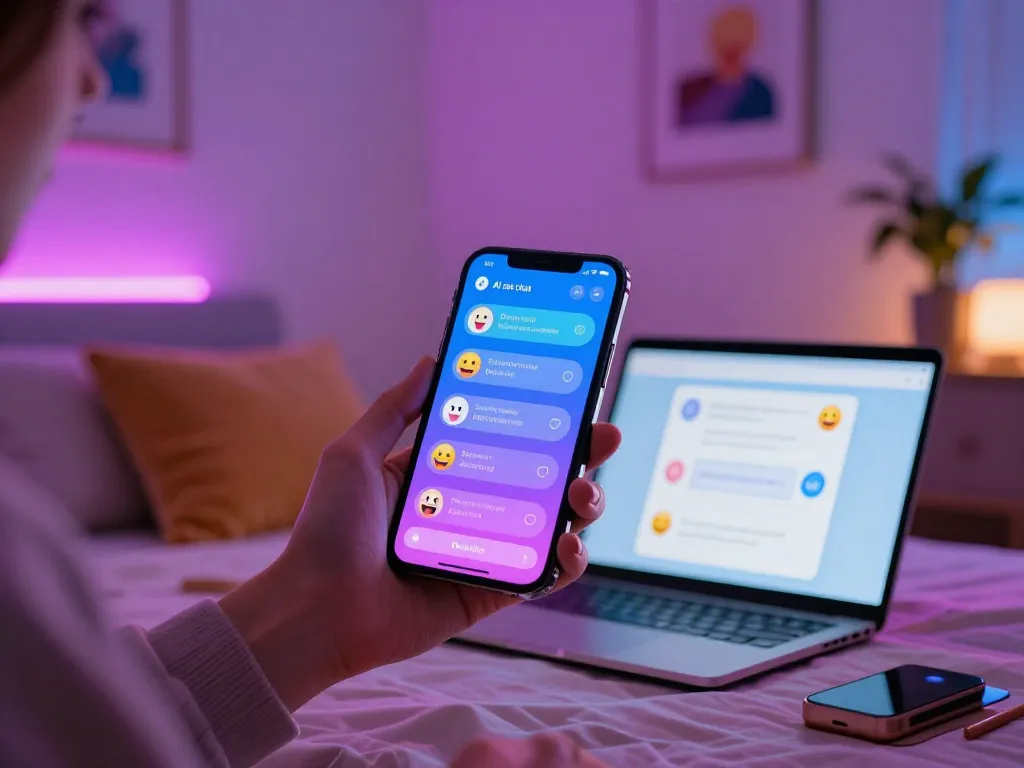 Engaging free AI sex chat conversation in a cozy bedroom with vibrant technology and modern decor.