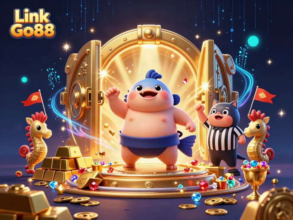 Engage with Link Go88 in a vibrant underwater world featuring a fugu in a sumo belt.