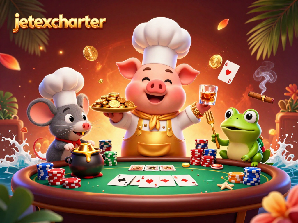 Engage in thrilling casino fun with jetexcharter's vibrant 3D illustration of chefs and gold coins.