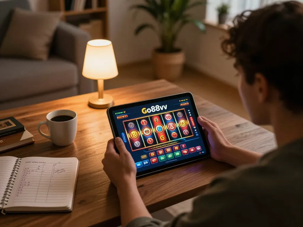 Engaged player enjoying Go88vv online casino game at home, with a tablet and strategy notes visible.