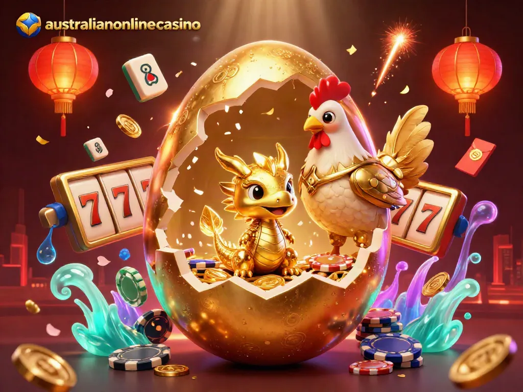 Experience the captivating world of australianonlinecasino with a golden dragon and poker elements.