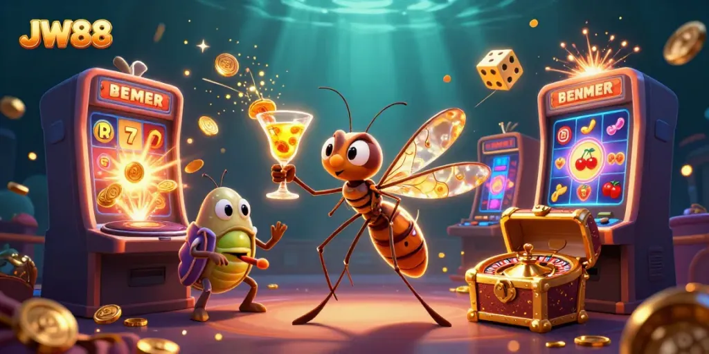 Experience a vibrant JW88 casino scene with dynamic characters and exciting gaming elements.