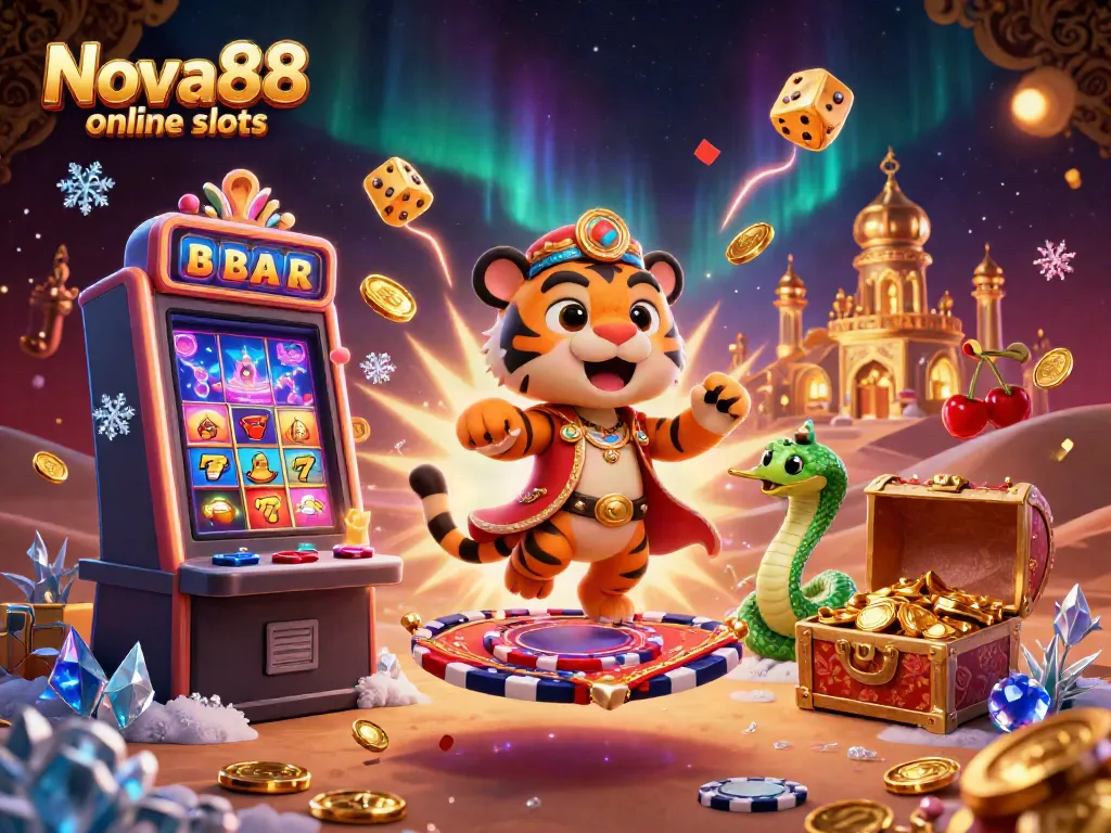 Experience the thrill of winning with Nova88 online slots in this vibrant 3D casino illustration.