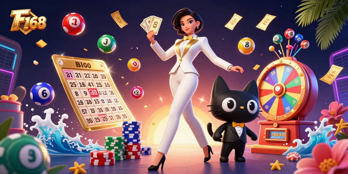 Experience F 168 with glamorous casino excitement, featuring a woman in a tuxedo and rich gambling elements.
