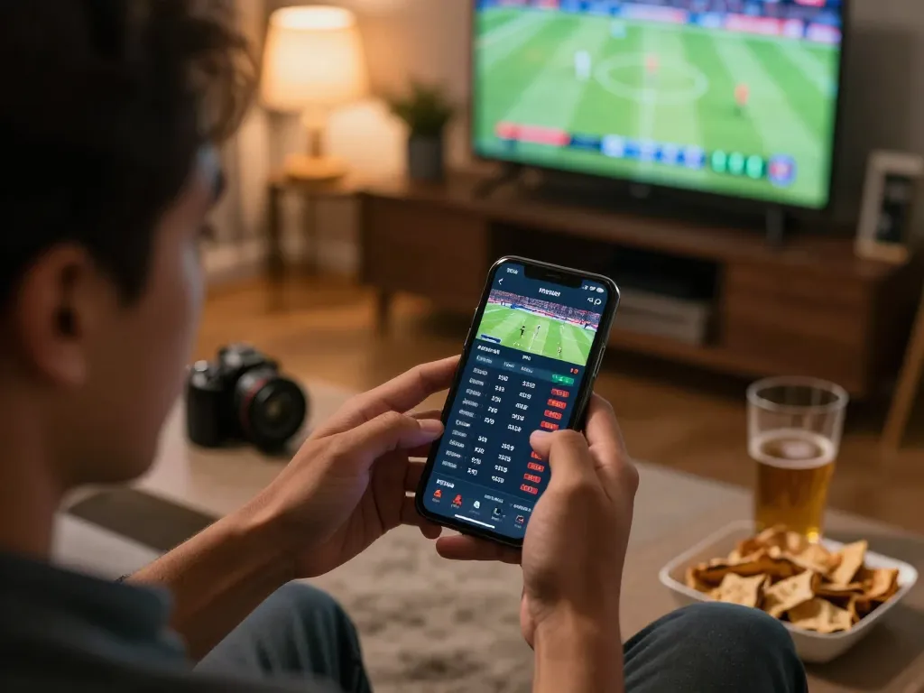 Engaged bettor using ee88 mobile app to place bets on live sports events in a cozy home setting.