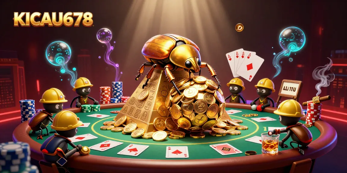KICAU678 illustrates a vibrant casino scene with cartoon beetles and poker elements participating in an exciting game.