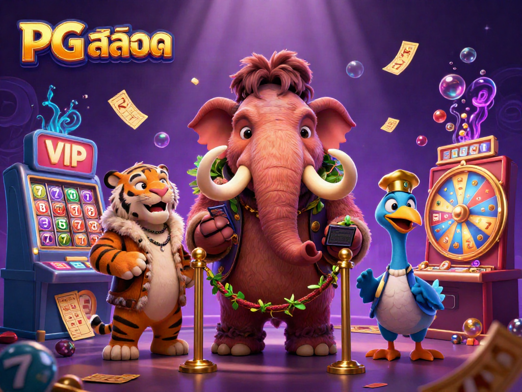Experience PG สล็อต thrills with a colorful 3D illustration of a woolly mammoth bouncer and vibrant slot game elements.