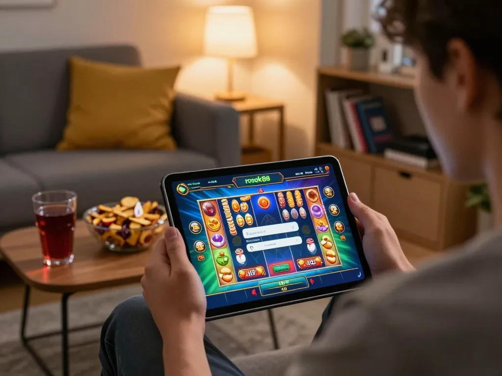 Terlibat dalam login slot rokok88 di tablet selama sesi permainan di rumah yang nyaman, menampilkan grafik slot yang cerah.