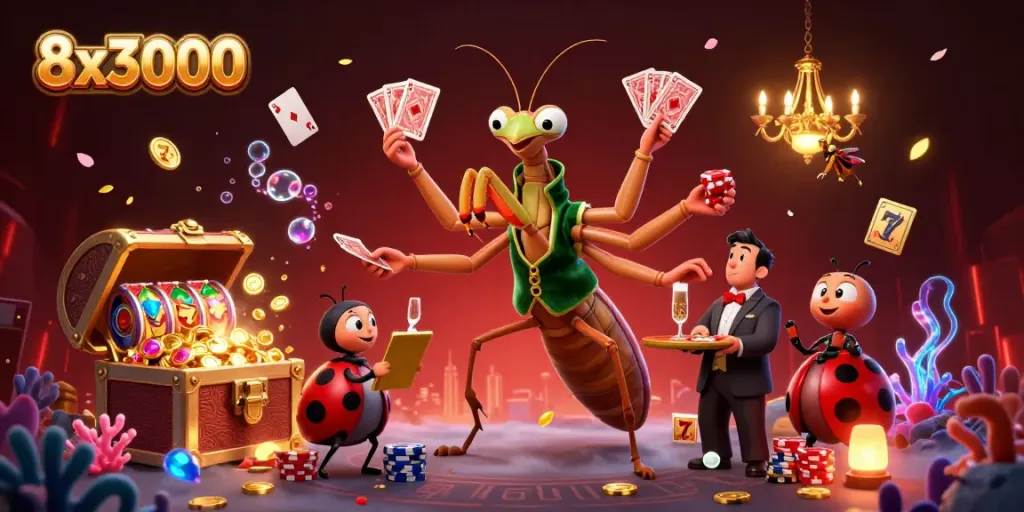 Engage in thrilling casino action at 8x3000 with vibrant characters in a dynamic gambling scene.