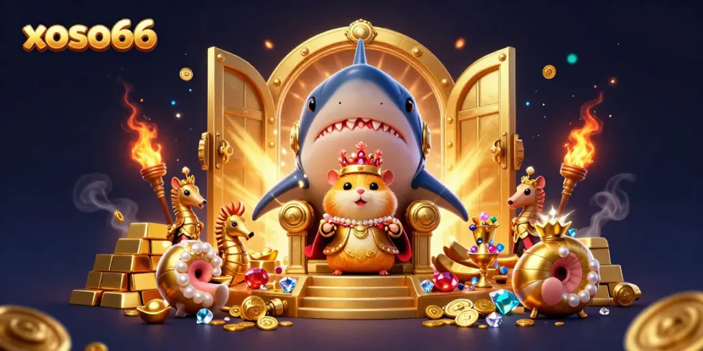 Experience the excitement of winning at xoso66 with vibrant treasures and characters in this dynamic casino scene.