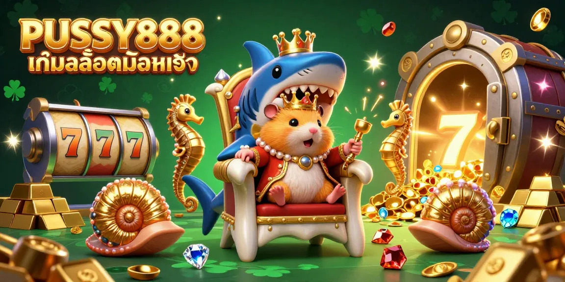 PUSSY888 เกมสล็อตมือถือ features a golden hamster king on a shark tooth throne, surrounded by seahorse guards and a treasure-filled casino.