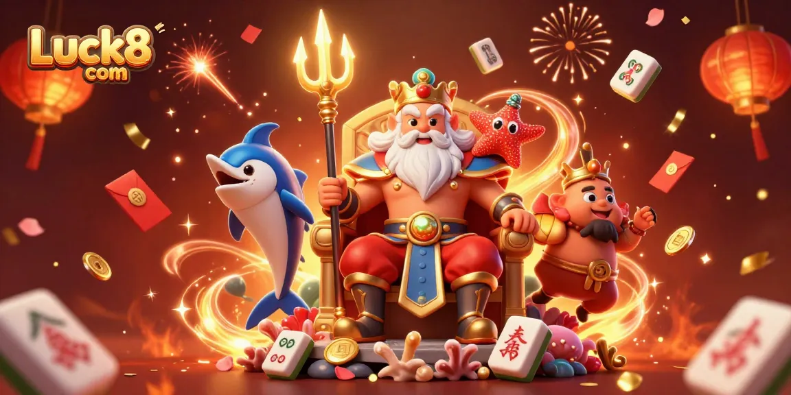 Experience thrilling casino adventures with Luck8 com's mesmerizing 3D digital illustration featuring Neptune and gaming motifs.