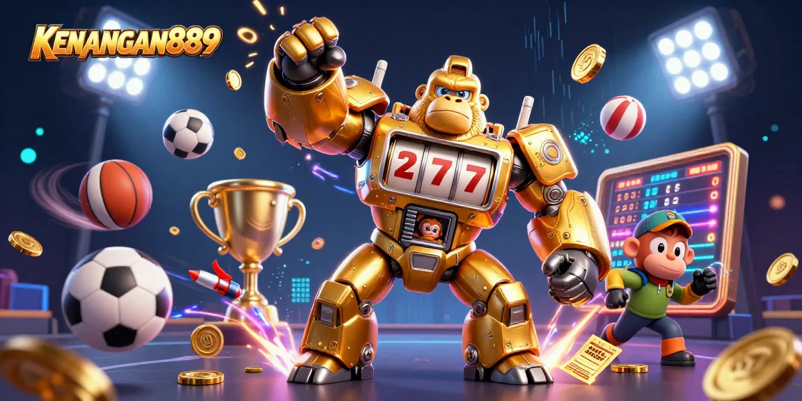KENANGAN889 offers thrilling gameplay with a dynamic casino scene featuring a golden gorilla mech.
