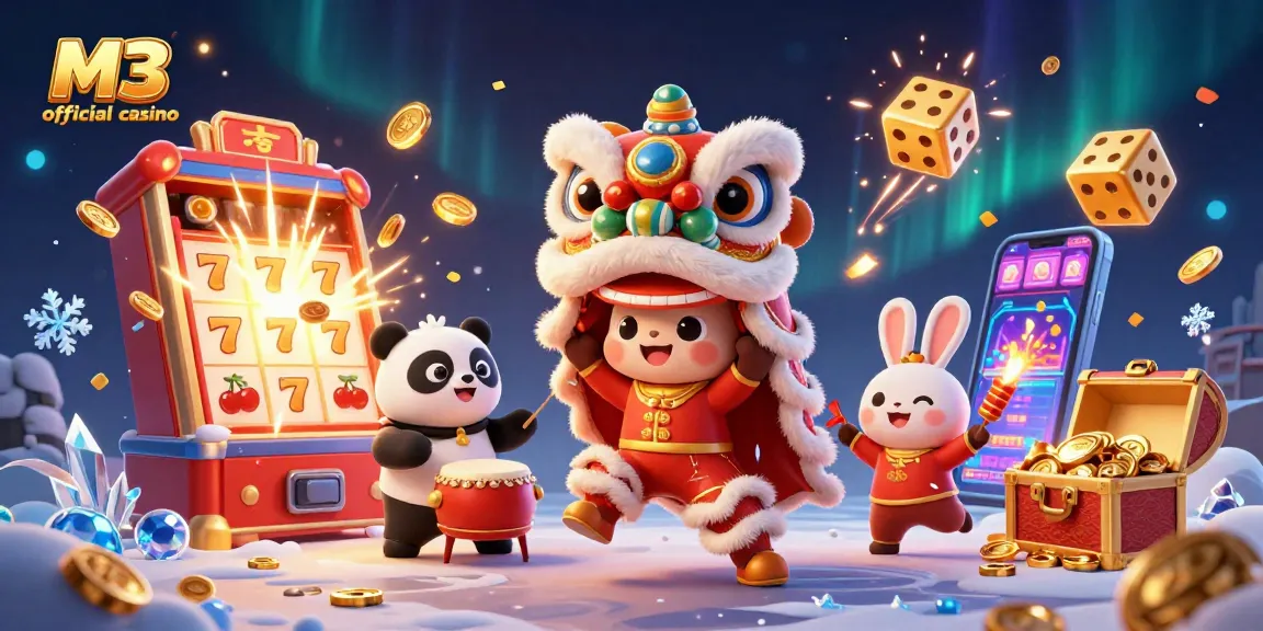Experience the excitement of M3 official casino with a festive 3D illustration featuring dynamic gaming elements.