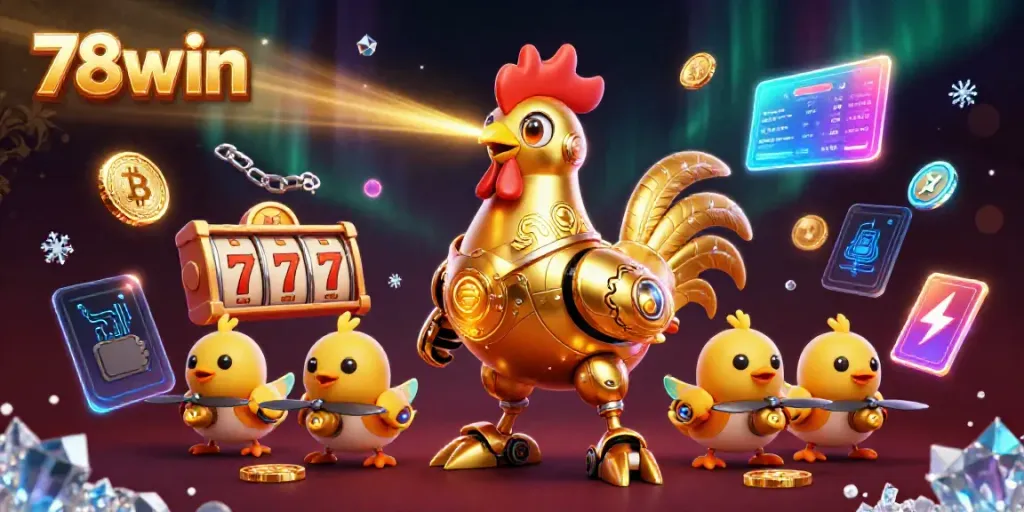 Engage in thrilling casino action with 78win's vibrant scene featuring a golden rooster robot and baby chick drones.