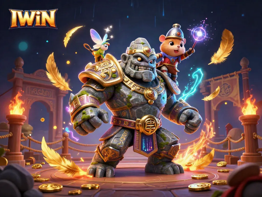 Enter the thrilling world of IWIN, where a cartoon golem, fairy, and hamster knight unite amidst sparkling magic and excitement.