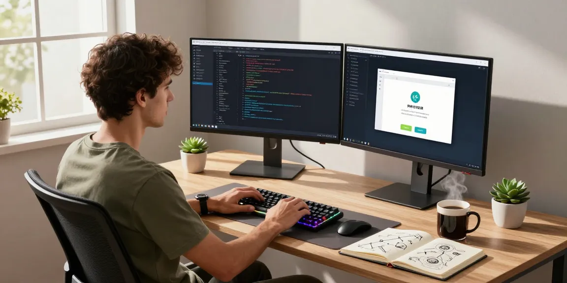 快连 app showcased in a modern workspace with dual monitors and coding setup.