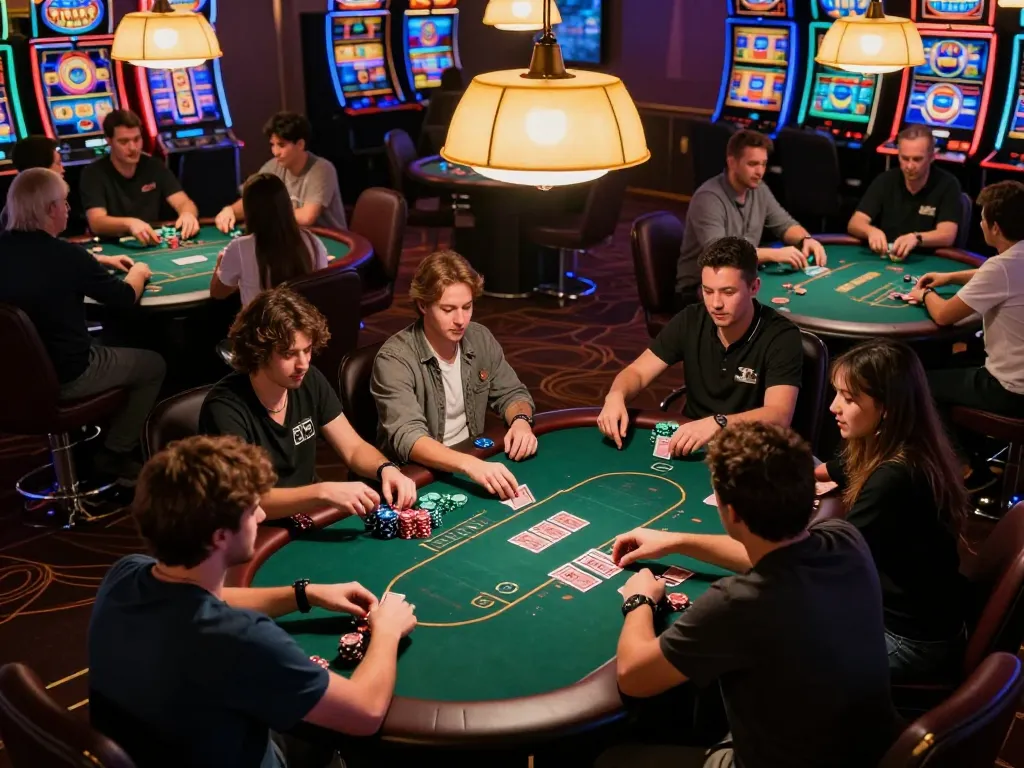 BL555 casino poker players placing bets at dynamic game tables under warm lighting.