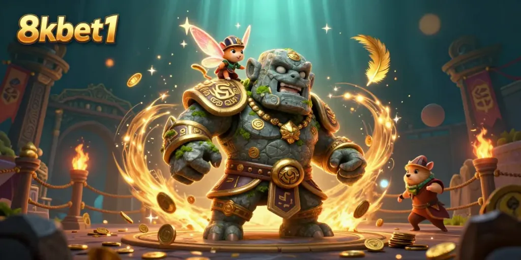 Experience thrilling gameplay with 8xbet1, featuring a magical golem and knight in an exciting casino scene.