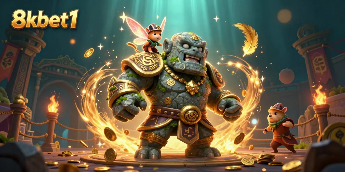 Experience thrilling gameplay with 8xbet1, featuring a magical golem and knight in an exciting casino scene.