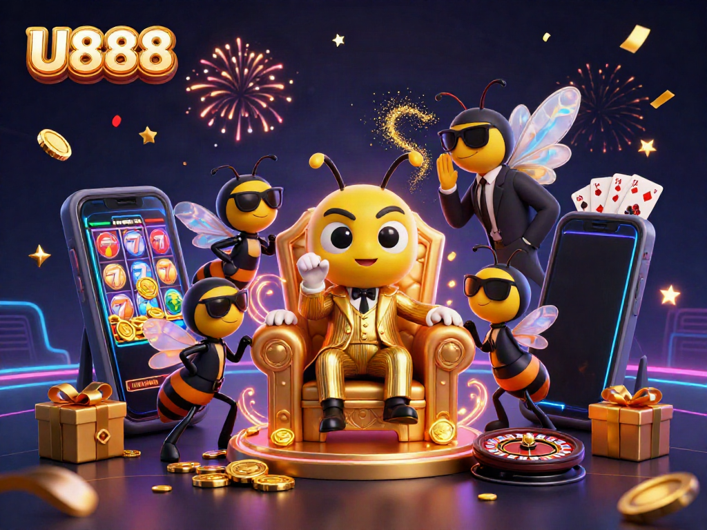U888 bumblebee mob boss overseeing vibrant casino gaming scene with golden coins and sparkling effects.