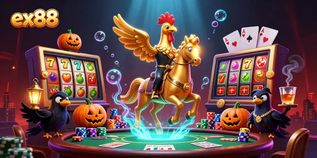 Experience exciting gaming at EX88 with vibrant casino elements, slot reels, and mythical characters guiding winners.