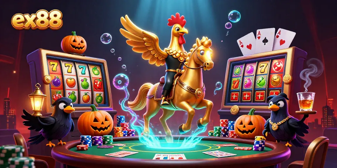 Experience exciting gaming at EX88 with vibrant casino elements, slot reels, and mythical characters guiding winners.