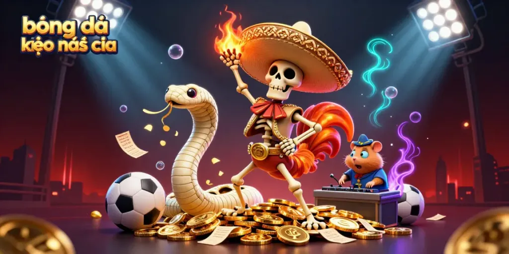Engaging illustration of bóng đá kèo nhà cái showcasing dynamic characters celebrating amidst sports betting elements.