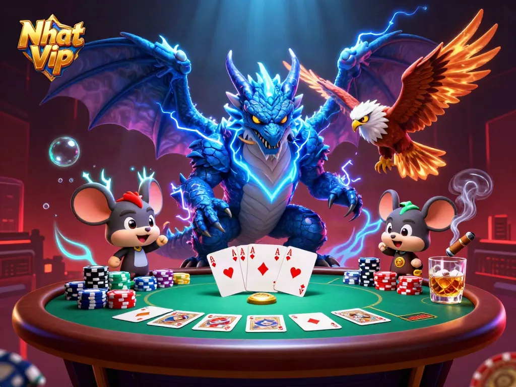 Nhat Vip showcases electrifying 3D cartoon characters engaging with a vibrant poker scene.