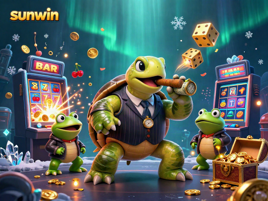 Win big at Sunwin with this vibrant casino-themed illustration featuring animated characters and dynamic game elements.
