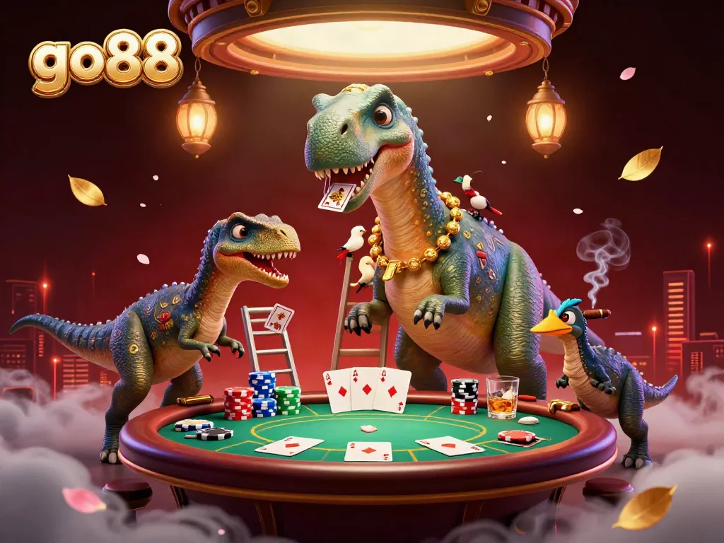 Join the excitement at go88 with a 3D cartoon scene of a brontosaurus and raptor playing poker.