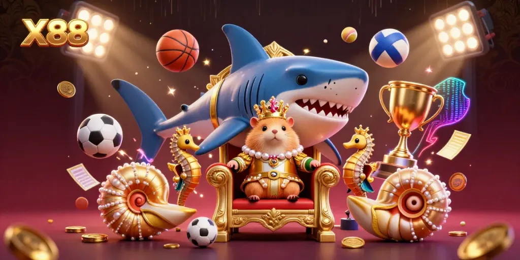 Experience the excitement of X88 with a golden hamster king and dynamic sports elements in this vibrant scene.