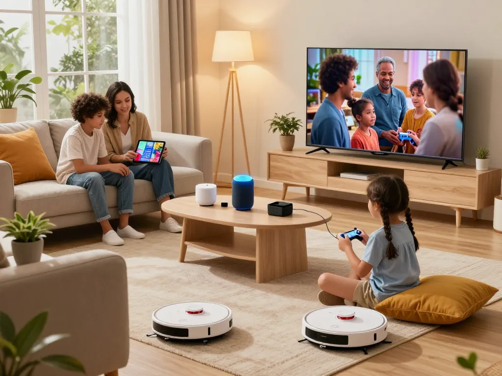 Family enjoying tech gadgets for home in a cozy living room during movie night.