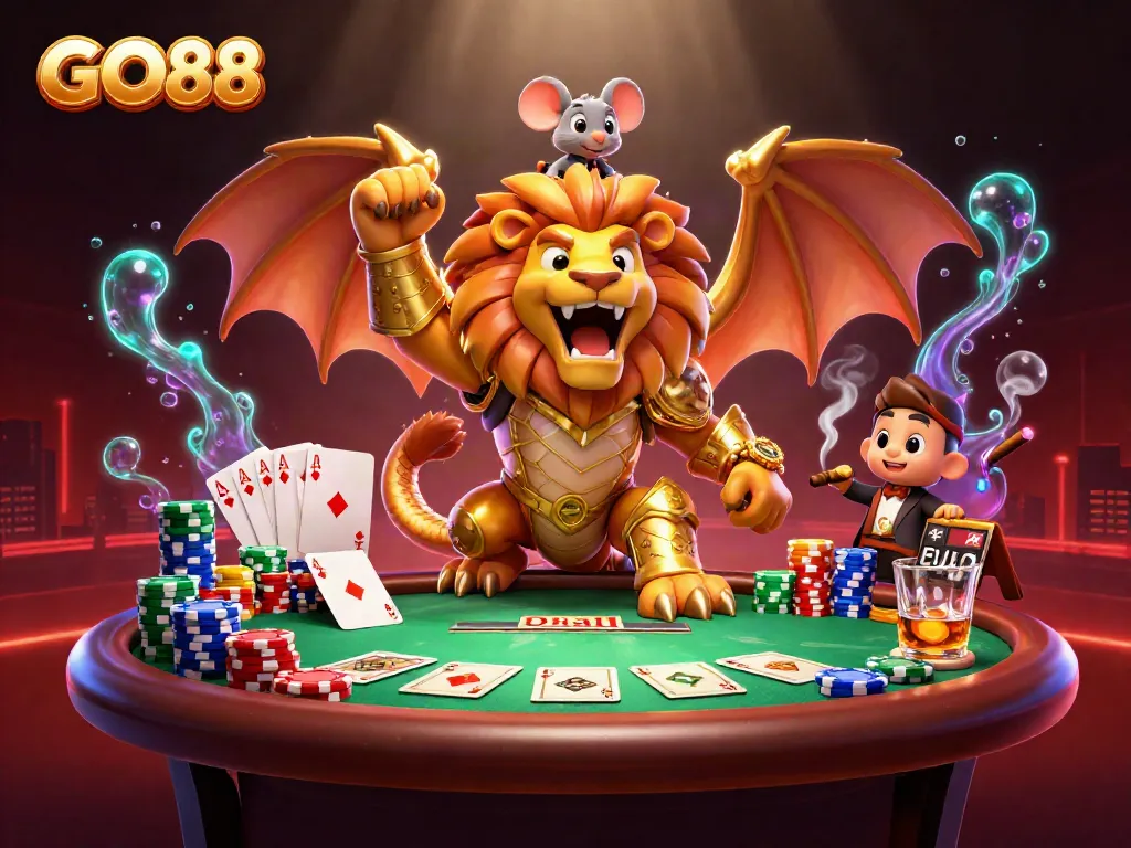 GO88 players cheer triumphantly at a poker table surrounded by chips and cards in this dynamic illustration.