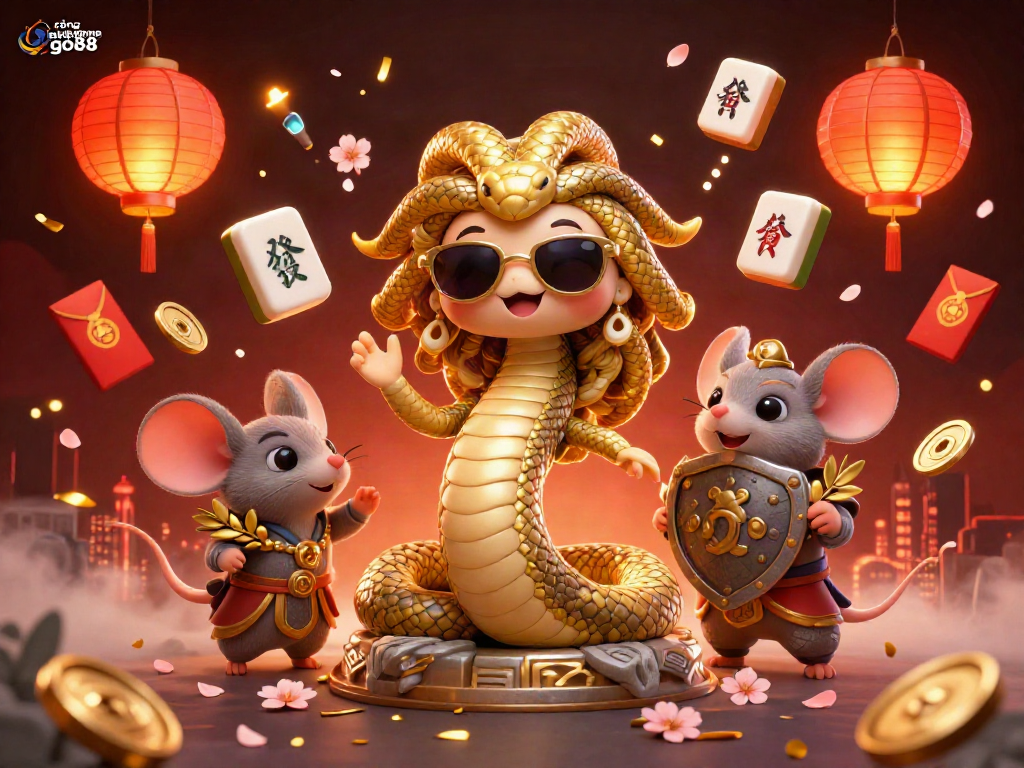 Engage with cổng game go88 in a vibrant casino scene featuring friendly Medusa and a warrior mouse.