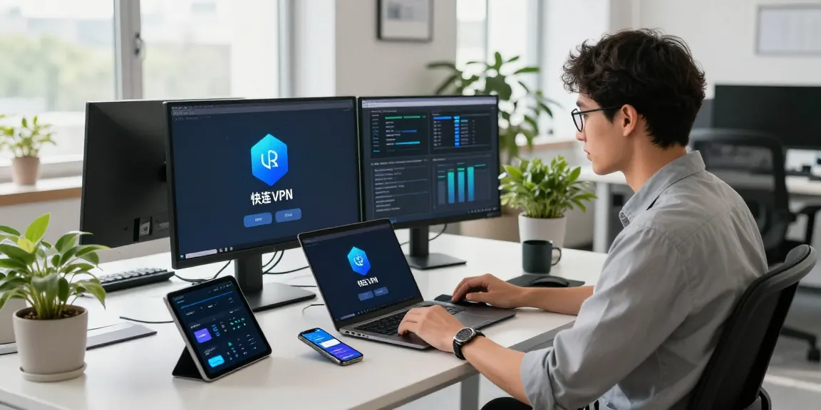 Fast and secure internet connection using 快连 in a modern tech workspace.
