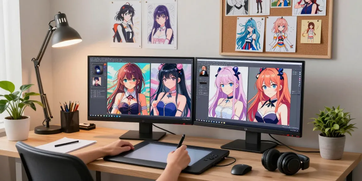 Creating AI ecchi characters in a vibrant digital workspace filled with sketches and inspiration.