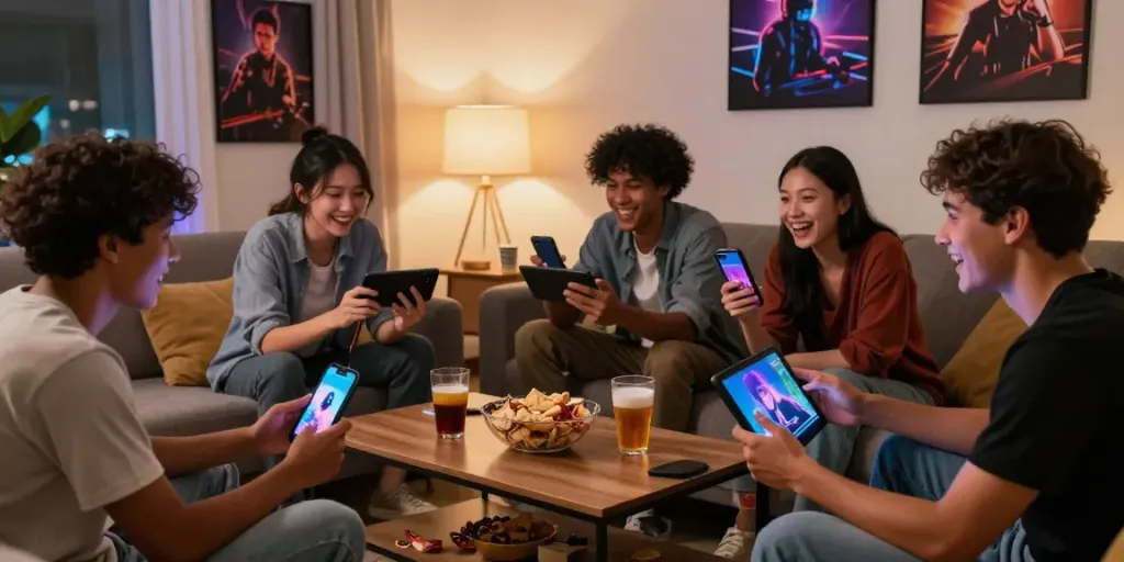 Friends enjoying 3 Patti no1 card game on devices in a cozy living room.